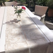 Tischläufer, LEINENDAMAST, Chrysantheme-natur_50x250 cm