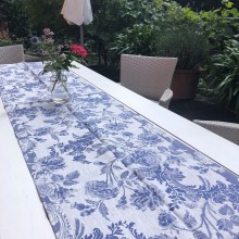 Tischläufer, LEINENDAMAST, Chrysantheme-blau_50x170 cm